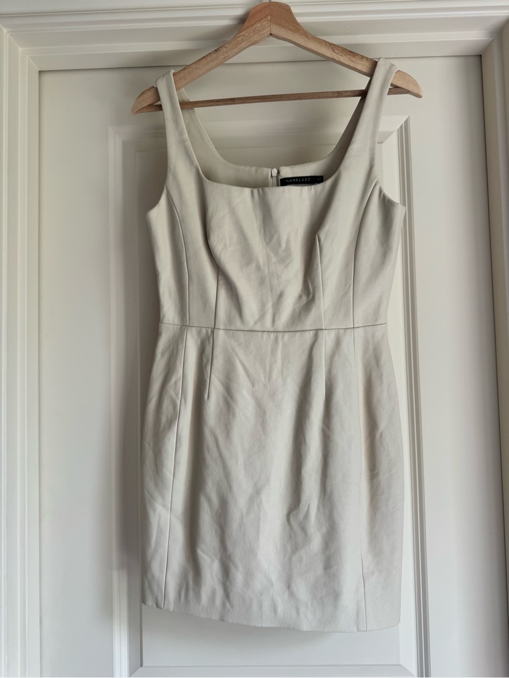 Sleeveless Square-Neck Cream Sheath Dress faux cow leather